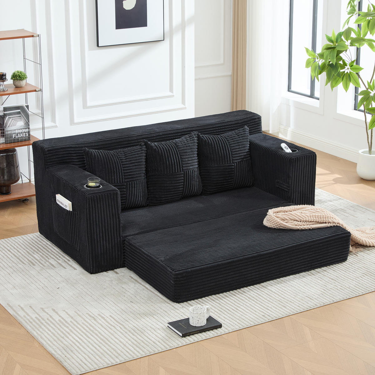 SCHLAFSOFA Modular mit Getränkehaltern und Seitentaschen, DE-42913, Schwarz - Schwarz, Textil (172/64/87cm) - ComfortXL