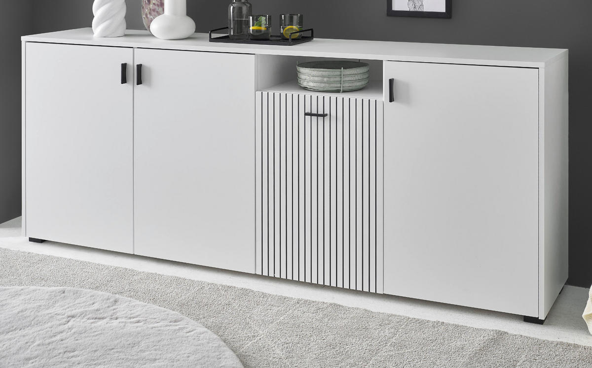 SIDEBOARD weiß matt, Kommode 200 cm mit 12 Fächern und Soft-Close - Schwarz/Weiß, Holzwerkstoff/Kunststoff (200/80/42cm) - Furn.Design