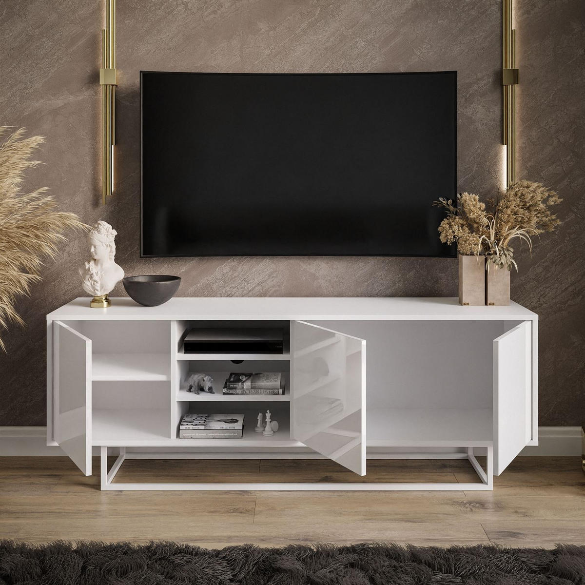 TV-ELEMENT SANAYI auf weißem Gestell mit Regalen Hochglanz Weiß - Weiß Hochglanz/Weiß, Holzwerkstoff (156/57/38cm) - Lookway