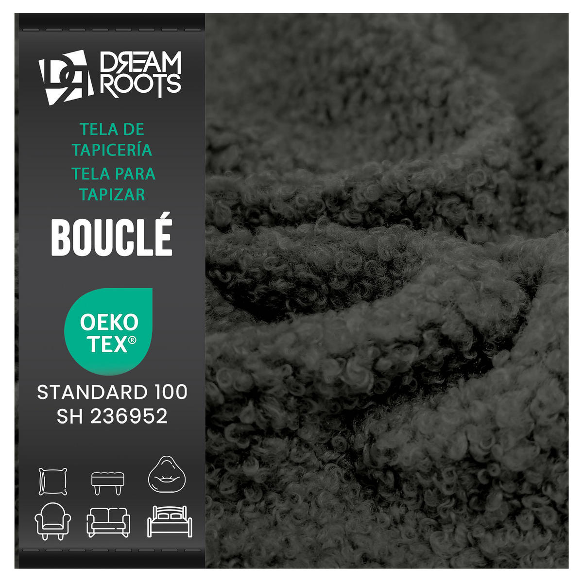 BOUCLESTOFF Quelle Dunkelgrau– 315 g/m², 140 cm breit, weich & robust, feuer- & UV-resistent - Schwarz, Textil (140/100cm) - Dreamroots