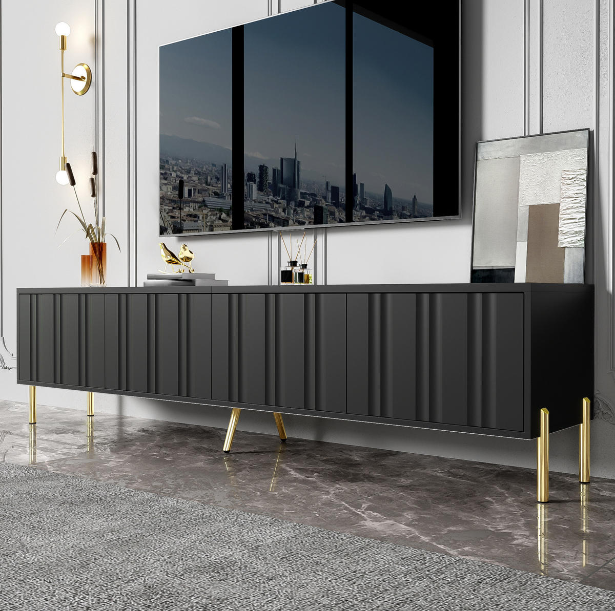 TV-SCHRANK mit 4 Türen 190 x 38 x 48 cm Schwarz - Schwarz, Holzwerkstoff (38/48/190cm) - Beauniv