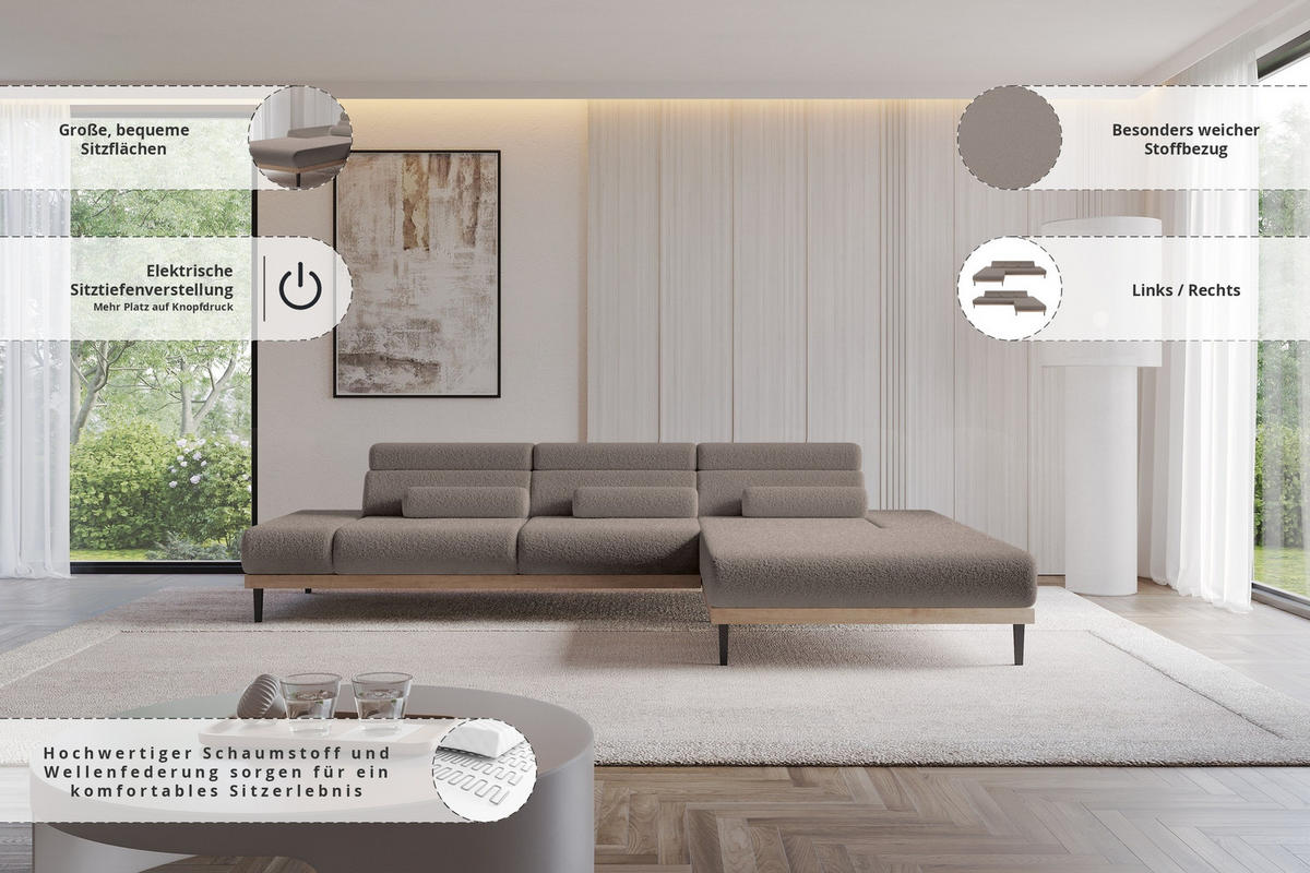 ELEKTRISCHES ECKSOFA Rechts MONA 316x205x85 Braun Bouclé - Dunkelbraun/Braun, Holzwerkstoff/Textil (316/205cm) - ALTDECOR