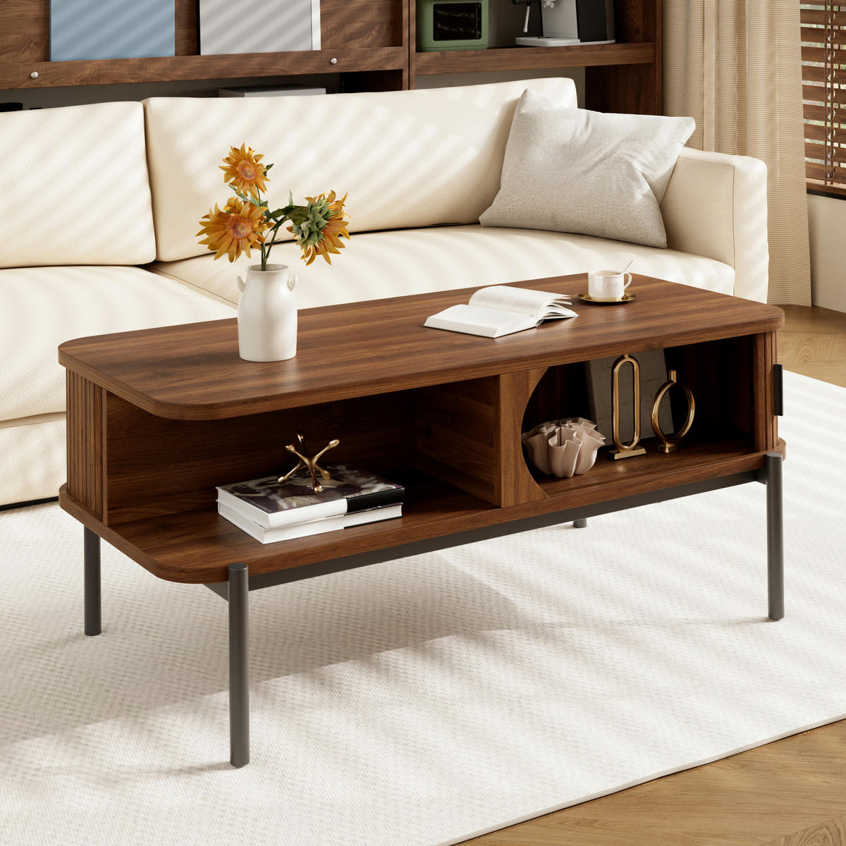 COUCHTISCH 100x45x43cm mit Stauraum und Schiebetüren - Walnussfarben, Holzwerkstoff (45/100/43cm) - FLIEKS