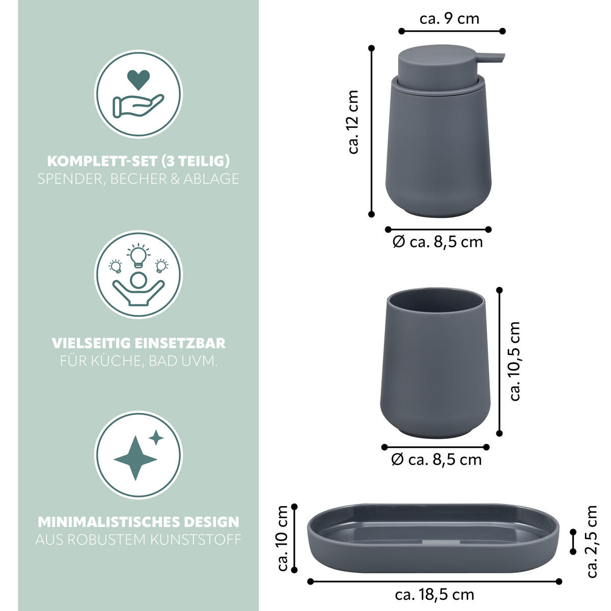 BAD-ACCESSOIRES-SET TESERO, Soft-Touch, grau - Grau, Kunststoff (18.5/13.5/10cm) - eluno