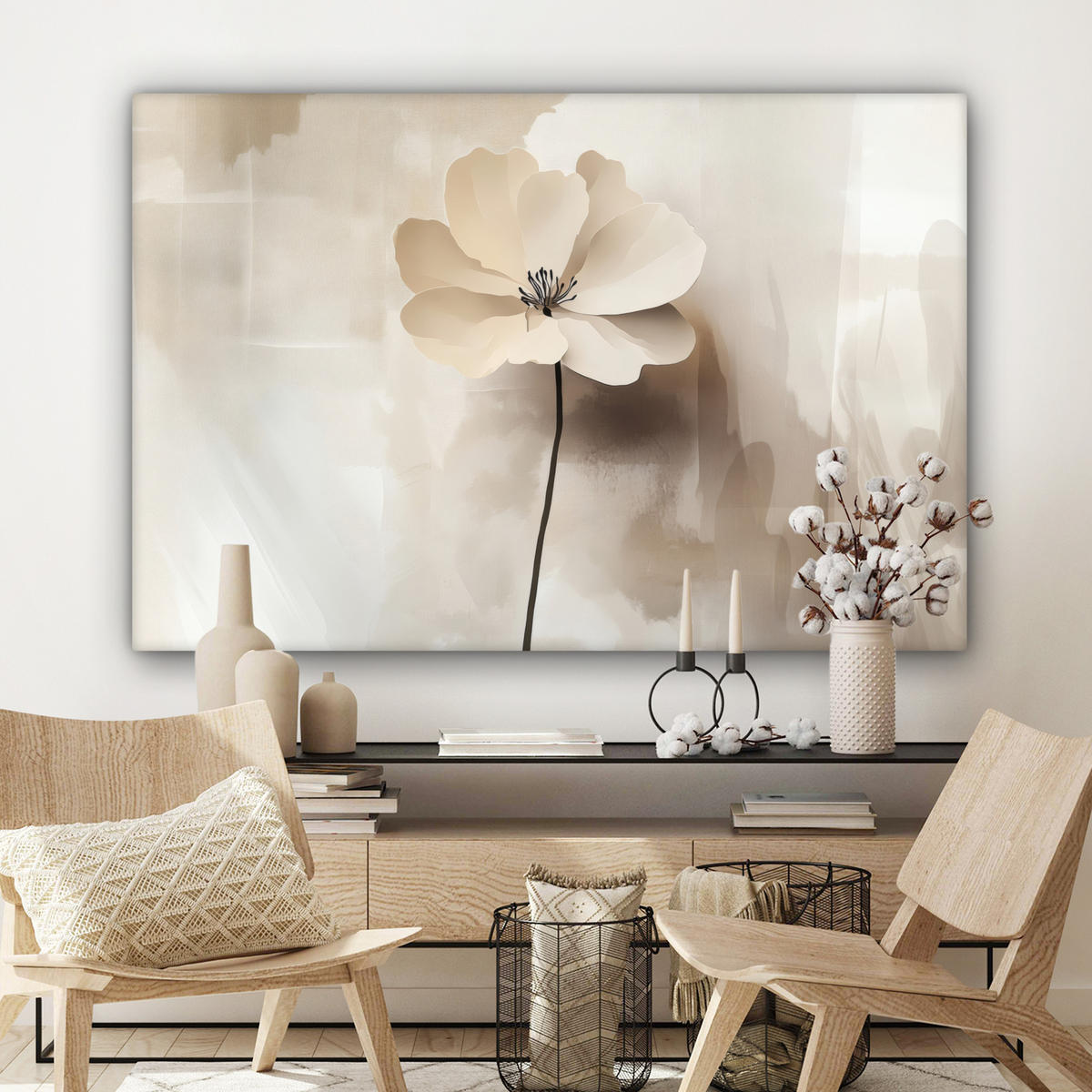 LEINWANDBILD Blume - Beige - Farbe - Schatten Wohnzimmer 120x80 cm - Creme, Textil (120/80cm) - MuchoWow