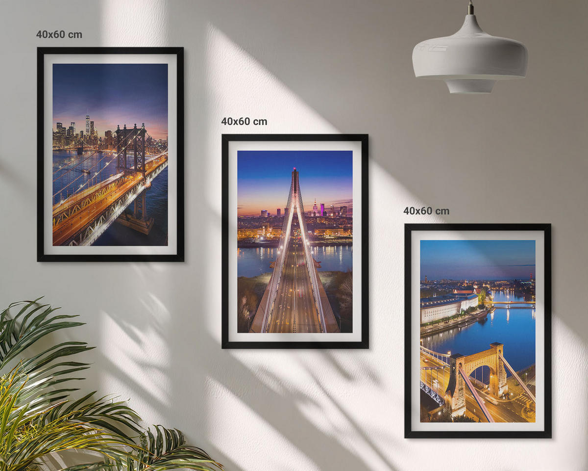 BILDER SET 3er Set - 40x60 cm Schwarzer Rahmen - Städte bei Nacht, Brücken, Flüsse - Schwarz, Kunststoff (40/60cm) - TULUP