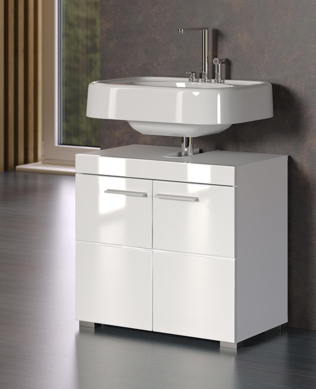WASCHBECKENUNTERSCHRANK weiß Hochglanz 60 x 56 cm, Badschrank 2-türig - Weiß, Holzwerkstoff/Kunststoff (60/56/34cm) - Top.Furn