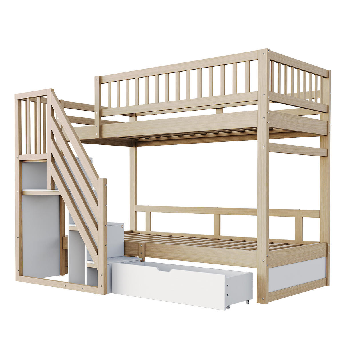 ETAGENBETT 90/200 cm mit Lattenrost, Treppe mit Stauraum und Schubladen, Natur /Weiß - Naturfarben, Holzwerkstoff (90/200cm) - Redom