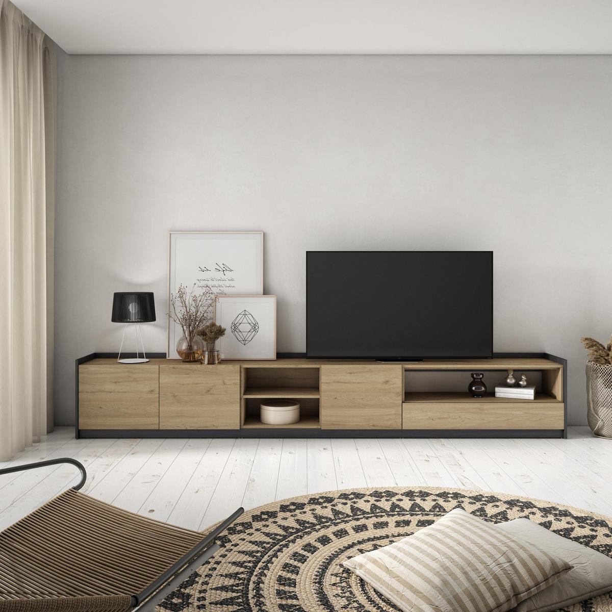 TV-SCHRANK, Lowboard, Eiche Schwarz, 310/37/50cm - Eichefarben, Holzwerkstoff (310/50/37cm) - Skraut Home