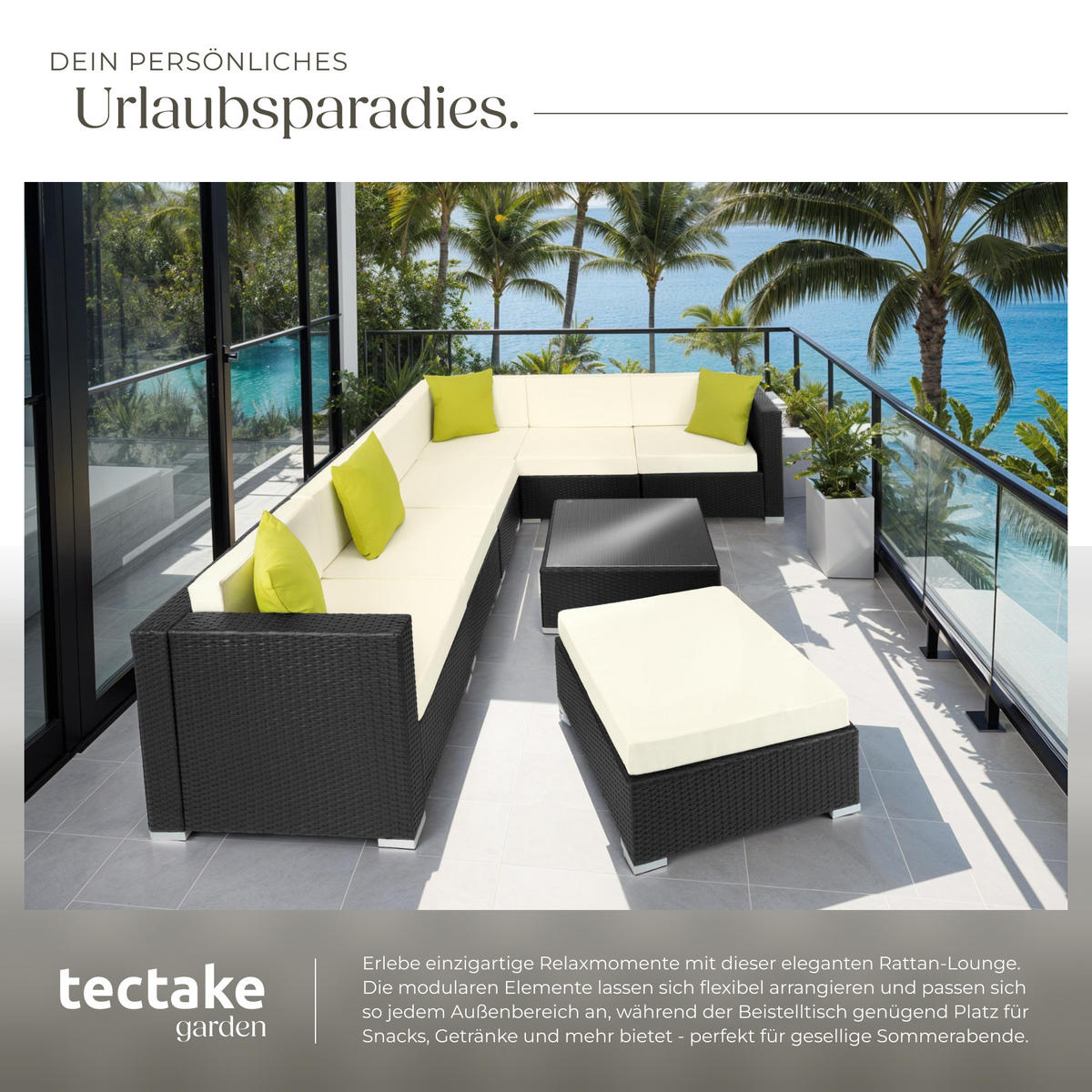 RATTANLOUNGE Marbella,mit Sicherheitsglasplatte,schwarz - Schwarz, Kunststoff - tectake