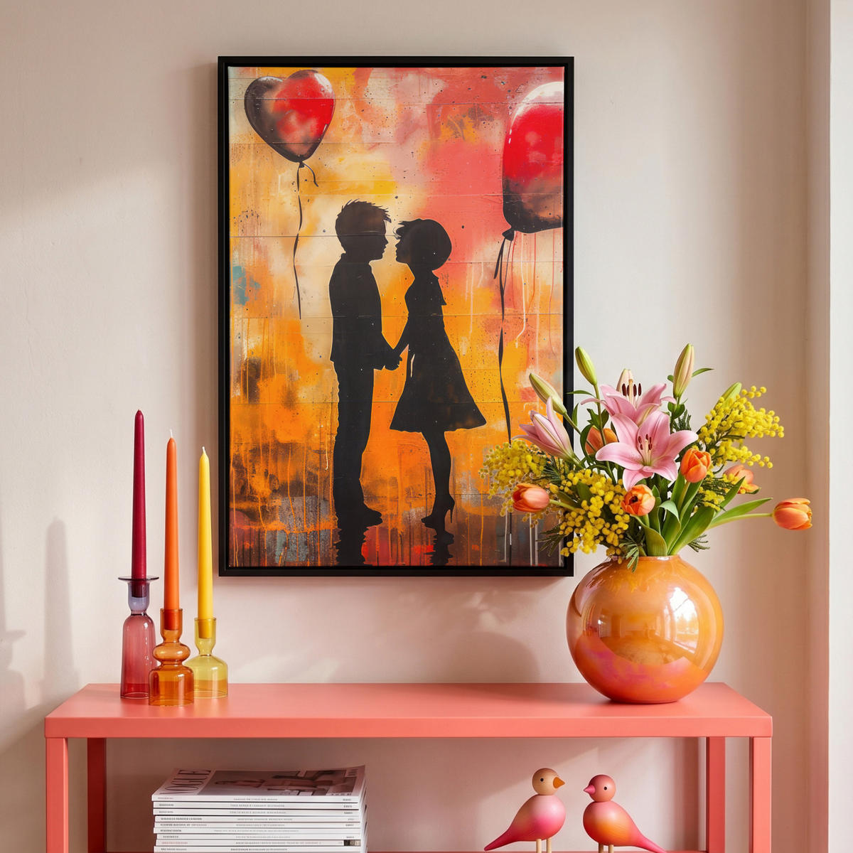 LEINWAND Bilder mit Rahmen - Straßenkunst - Liebe - Graffiti - Kunst - Banksy - 40x60 - Orange, Textil (40/60cm) - MuchoWow