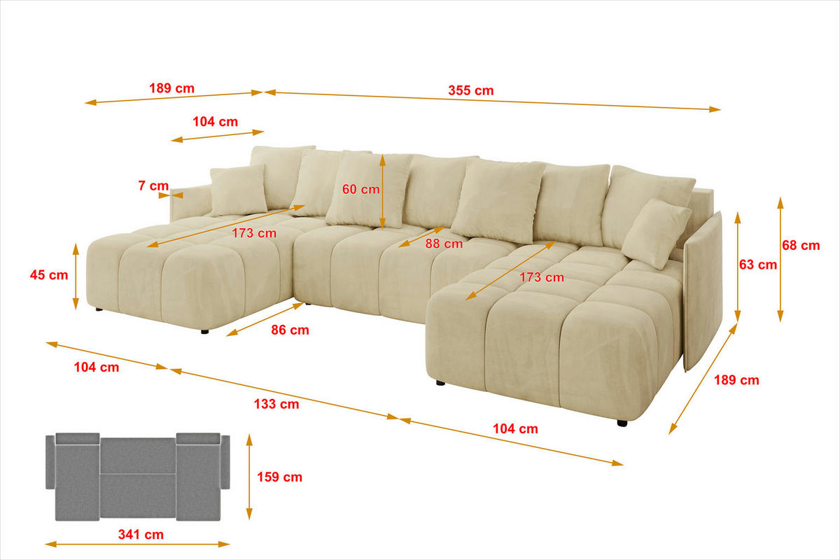 WOHNLANDSCHAFT LONLI-U 355x189x68 Beige Velours - Taupe, Holzwerkstoff/Kunststoff (355/68/189cm) - ALTDECOR