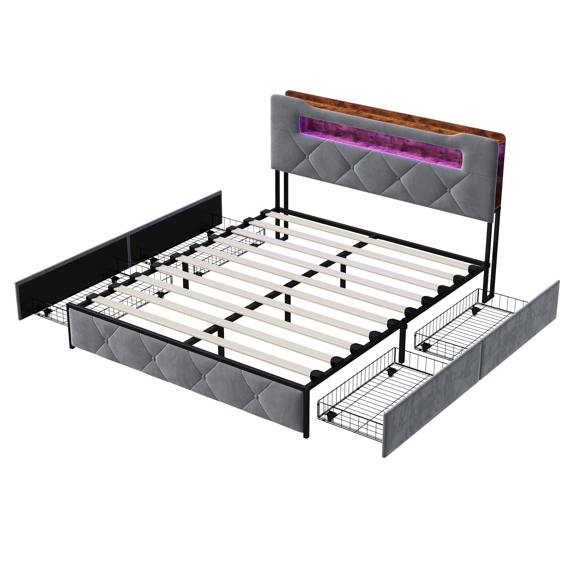 POLSTERBETT 140x200 cm Grau mit 4 Schubladen, LED Beleuchtung, Stauraum Kopfteil mit USB und Typ-C - Grau, Metall (140/200cm) - EuroLiving