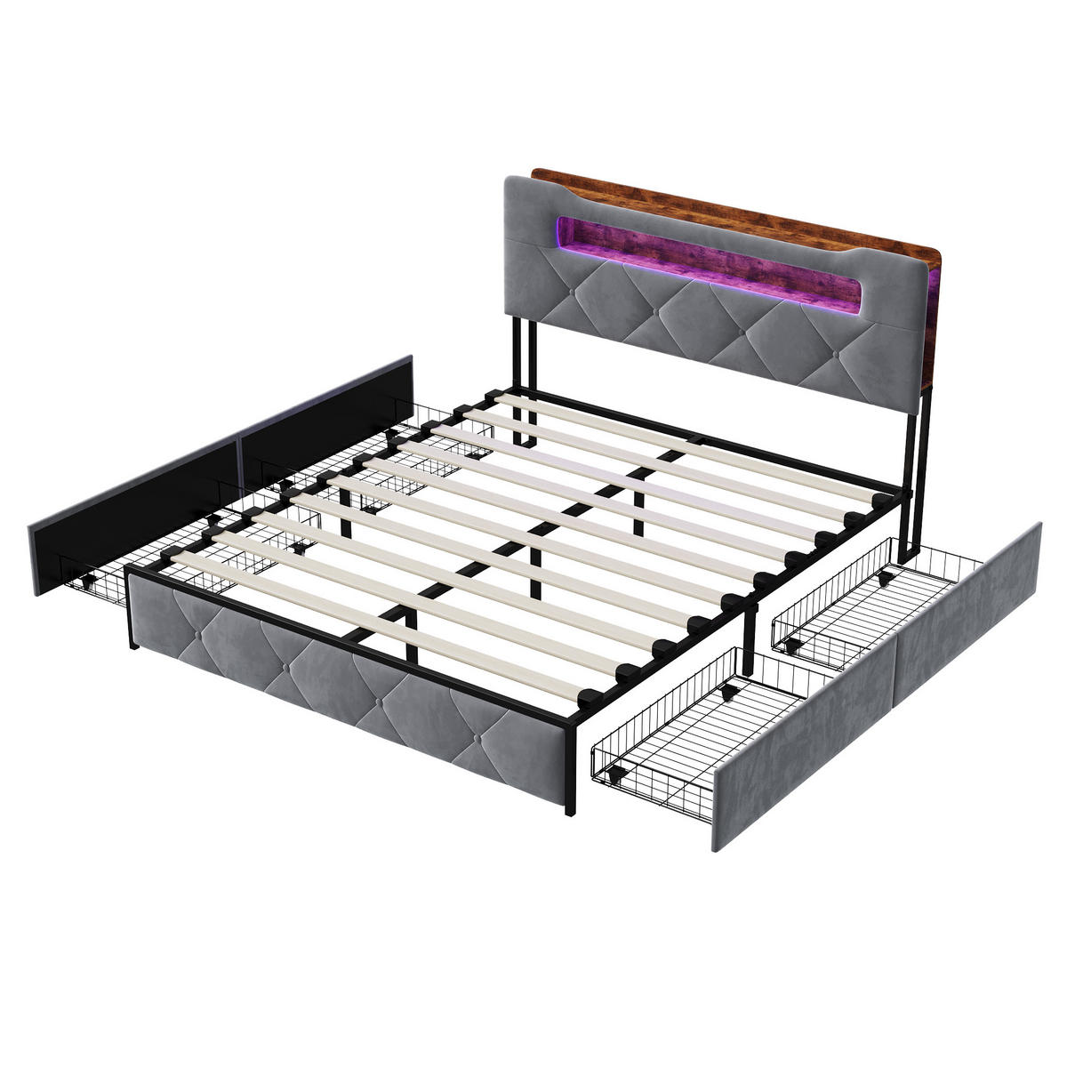 POLSTERBETT 140x200 cm Grau mit 4 Schubladen, LED Beleuchtung, Stauraum Kopfteil mit USB und Typ-C - Grau, Metall (140/200cm) - EuroLiving