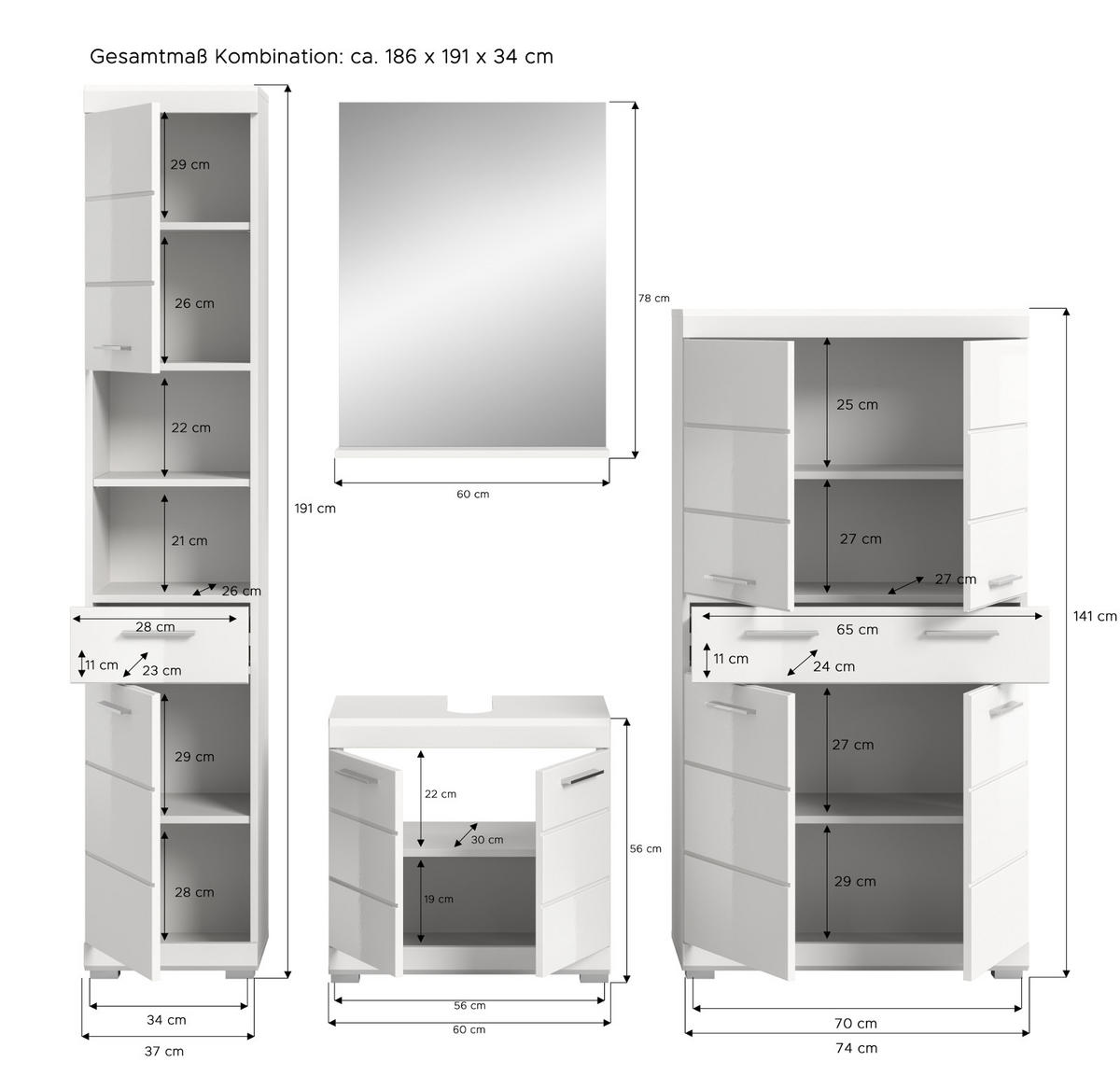 BADMÖBEL-SET weiß Hochglanz 4-teilig 200 cm, Komplettset mit viel Stauraum - Weiß Hochglanz, Glas/Holzwerkstoff (200/191/34cm) - Inn.Furn