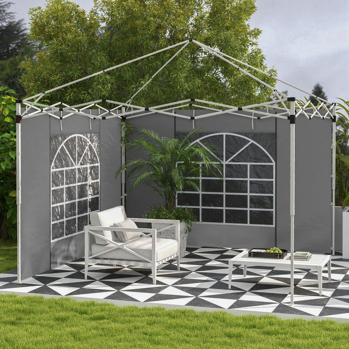 2 Seitenteile Seitenwände für 3x3/3x6m Pavillon, Seitenplanen mit Fenster, Tür - Hellgrau, Textil (1/195/295cm) - Outsunny