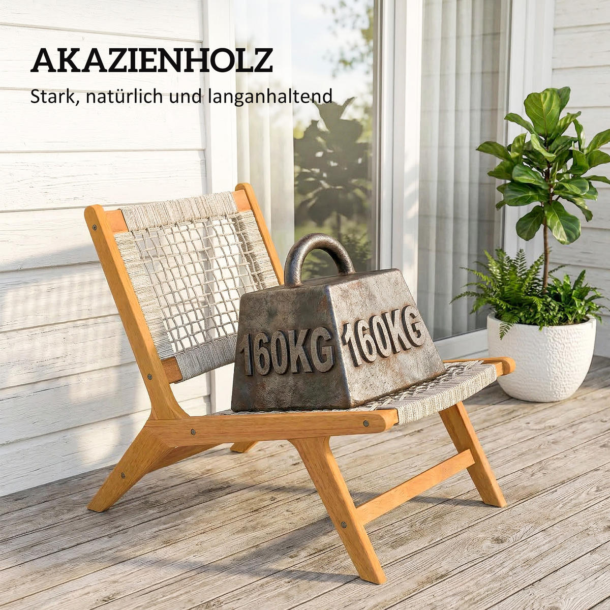 SESSEL-SET DE-07599 2-teilig, mit Fußhocker aus Akazienholz und Rattan-Sitz Natur - Beige, Holz/Kunststoff (60/73.5/83cm) - ComfortXL