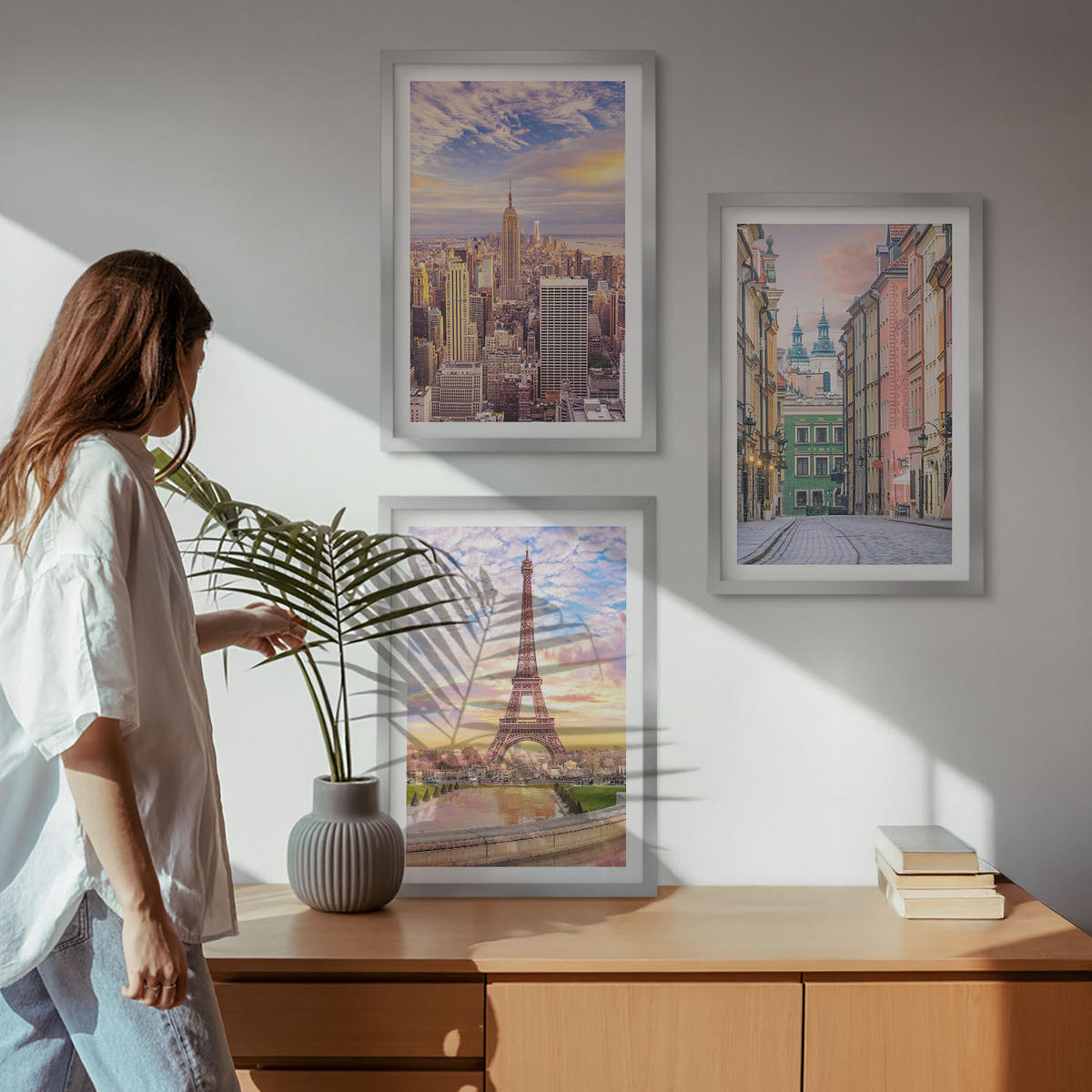 WANDBILDER 3er Set - 40x60 cm Silberner Rahmen - Städte New York Paris Dämmerung - Silberfarben, Kunststoff (40/60cm) - ArtPrintCave