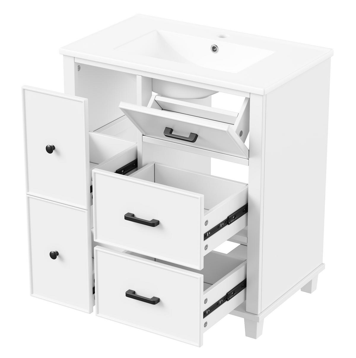 WASCHTISCH aus MDF und Keramik 76,5x47x83,5 cm Weiß mit 4 Schubladen und Klappschublade, integriertes Becken - Weiß, Keramik (76.5/83.5/47cm) - Modfu