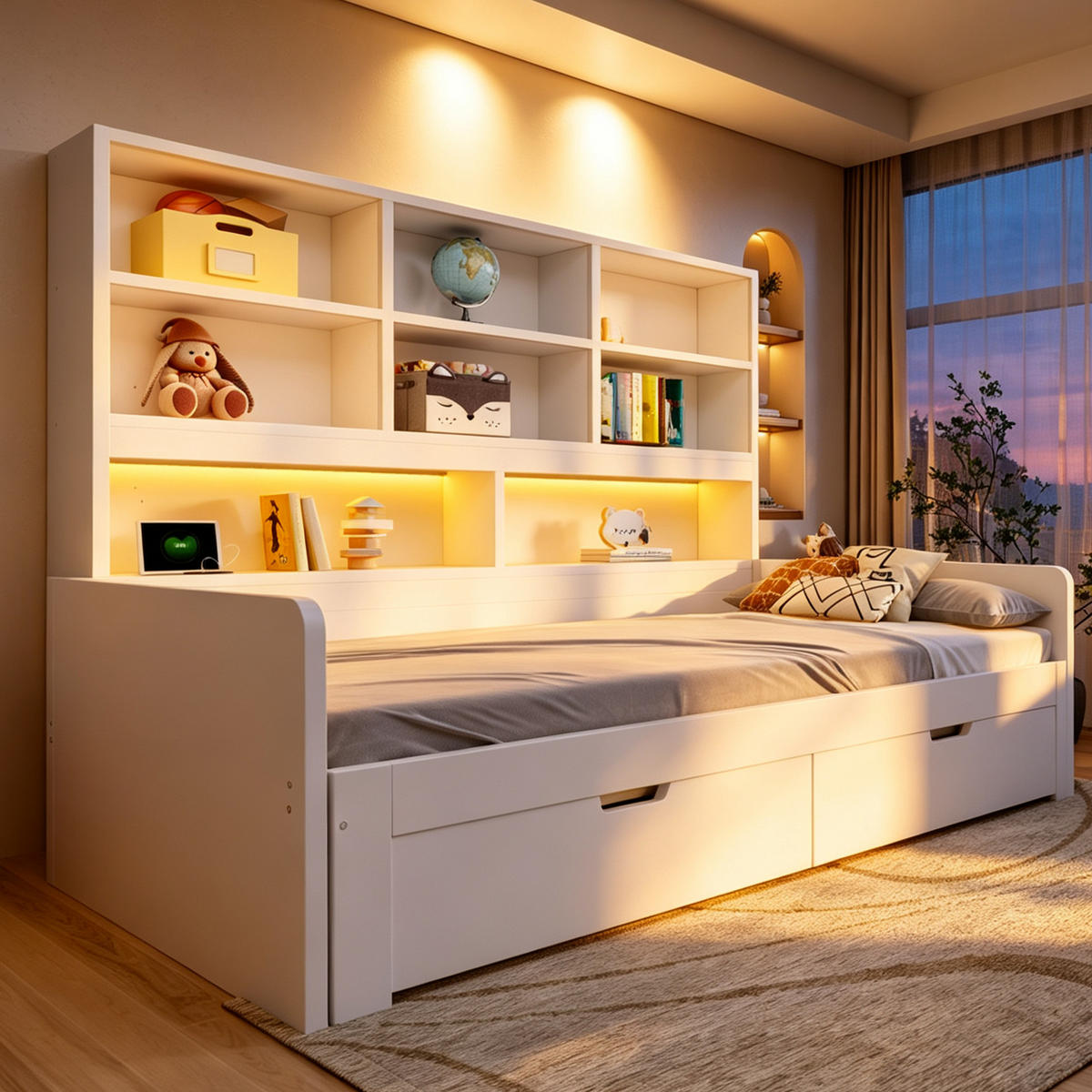 AUSZIEHBETT 90/180/200 cm mit Stauraum und LED, DE-41639, in Weiß - Weiß, Holzwerkstoff (90/200cm) - ComfortXL