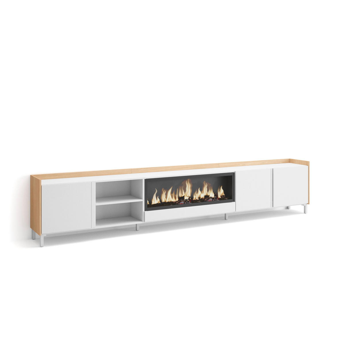 LOWBOARD, Weiß und Eiche, 315/35/61cm, Kamin mit Feuereffekt XXL - Weiß, Holzwerkstoff (315/61/35cm) - Skraut Home