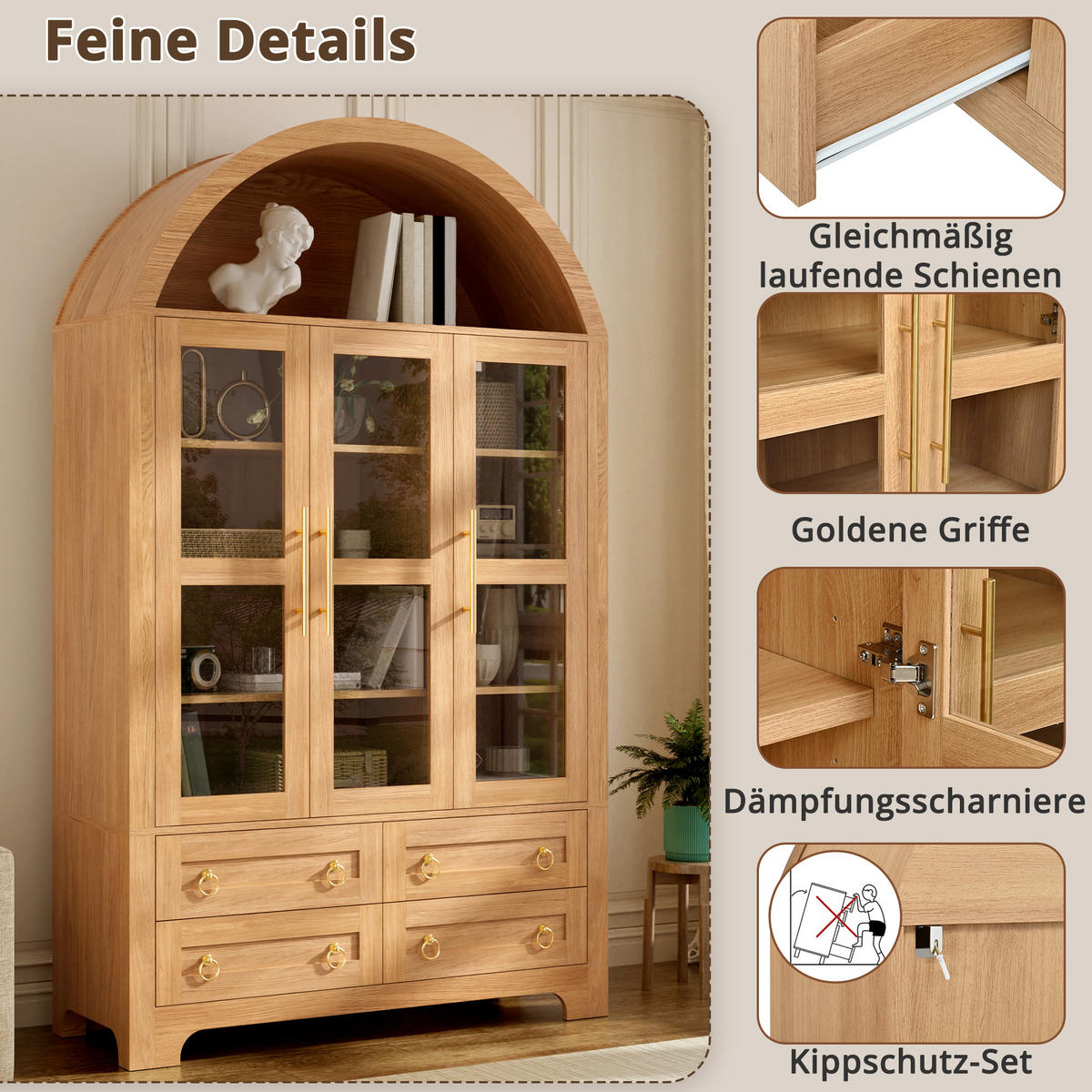 SIDEBOARD WOHNZIMMERSCHRANK Rundbogen 3 Glastüren 4 Schubladen - Naturfarben, Holzwerkstoff (110/185/40cm) - Urban Meuble