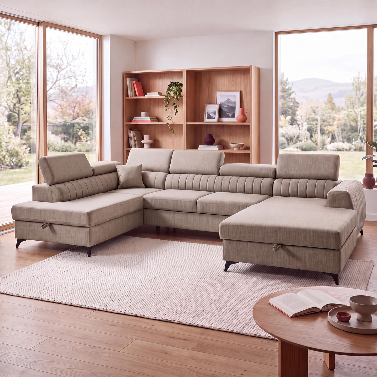 ECKSOFA U-Form PIERO U Links mit Schlaffunktion 125x260 Velours Beige - Beige/Schwarz, Holz/Textil (350/90/203cm) - Muffo
