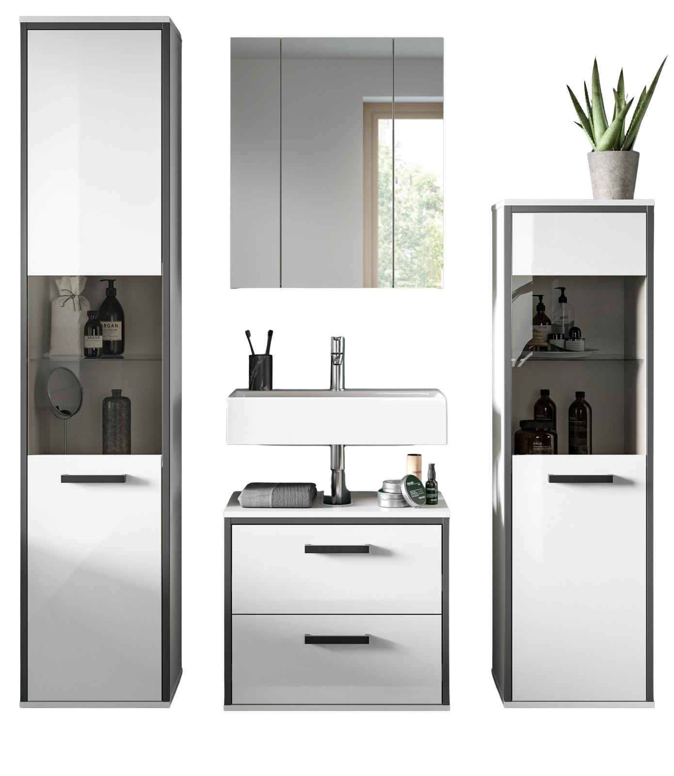 BADMÖBEL-SET weiß Hochglanz, grau 4-teilig 170 x 188 cm, Komplettset mit viel Stauraum - Weiß Hochglanz/Schwarz, Glas/Holzwerkstoff (170/188/37.5cm) - Inn.Furn