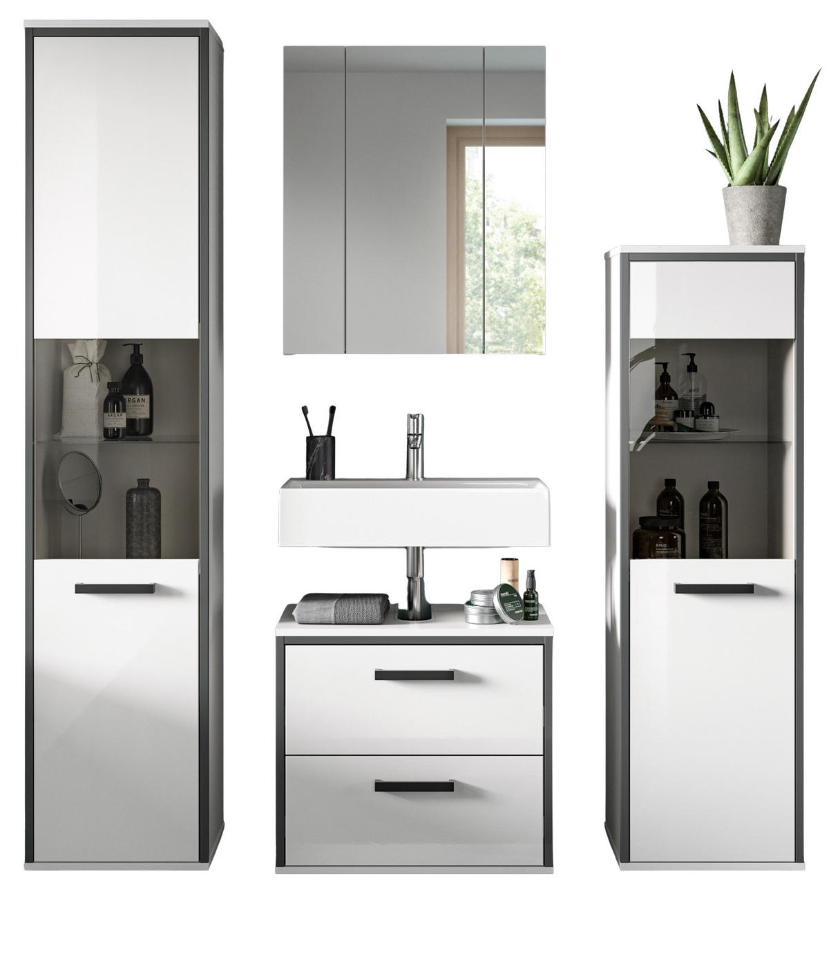 BADMÖBEL-SET weiß Hochglanz, grau 4-teilig 170 x 188 cm, Komplettset mit viel Stauraum - Weiß Hochglanz/Schwarz, Glas/Holzwerkstoff (170/188/37.5cm) - Inn.Furn