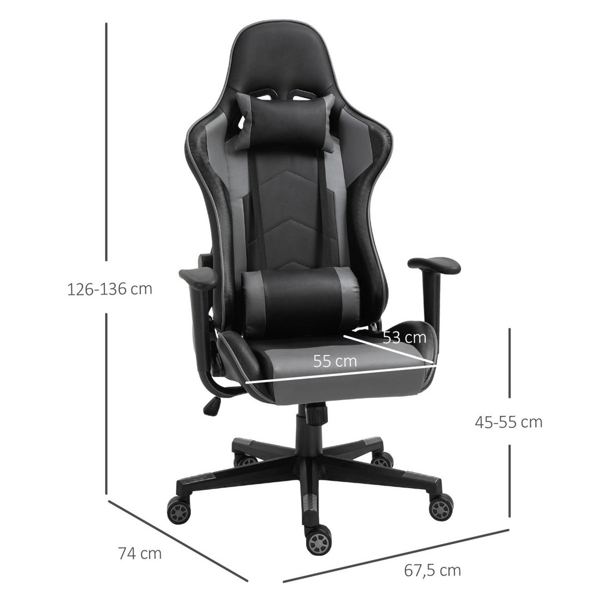 GAMING Stuhl, ergonomischer Bürodrehstuhl mit Kopf- und Lendenkissen, neigbarer Rückenlehne, Schwarz - Schwarz, Leder (53/126/67.5cm) - BRILVERDE