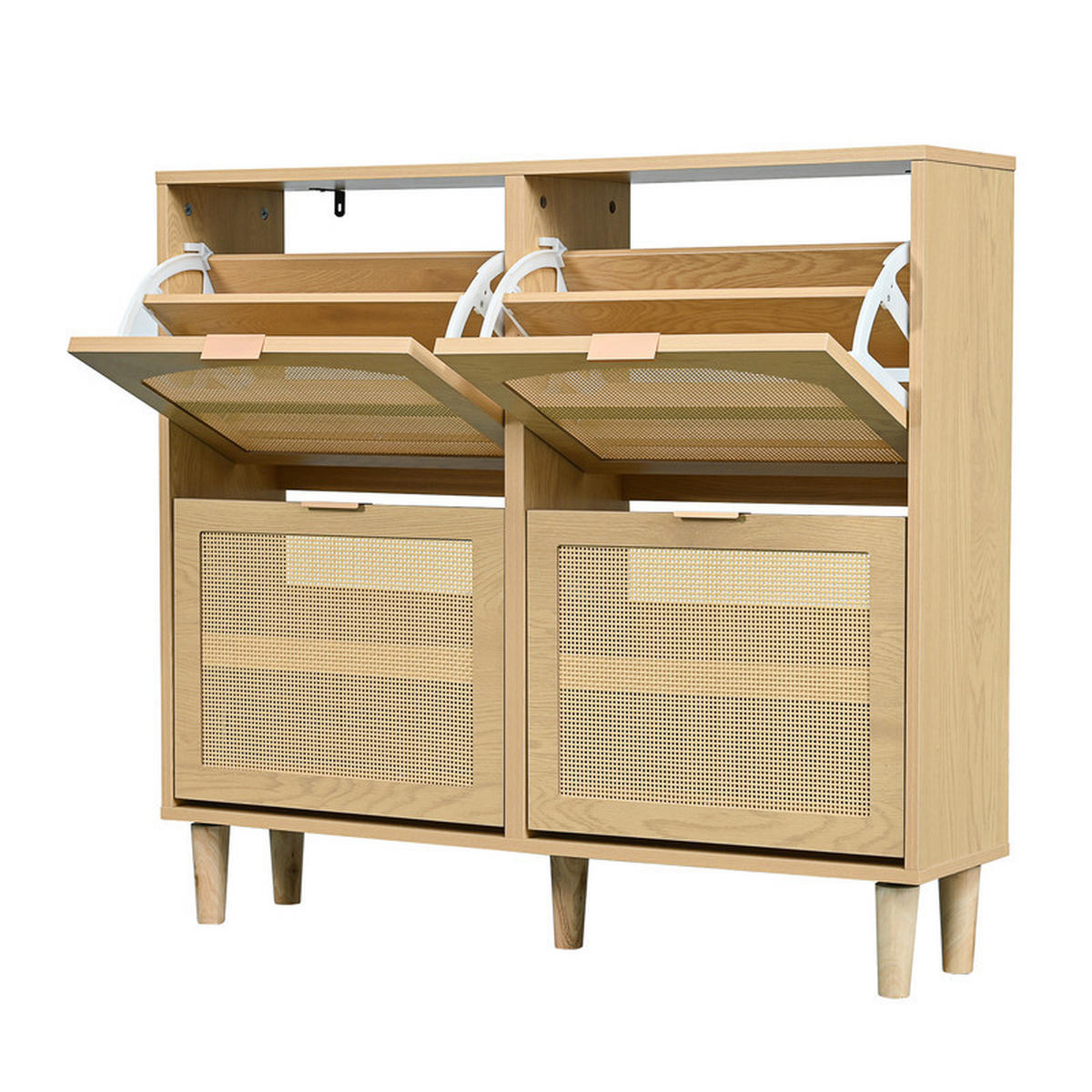 SCHUHSCHRANK Rattan mit 4 Klappschubladen und Metallgriffen 100x25x90 cm - Braun, Holzwerkstoff (25/90.3/100cm) - Moorle
