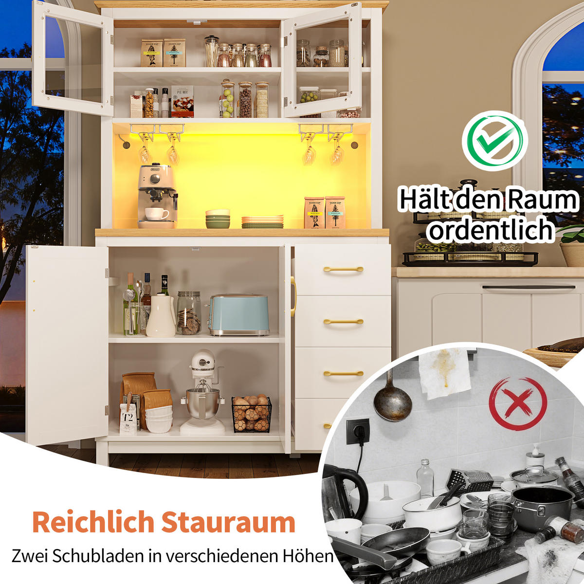 HIGHBOARD in Weiß Küchenschrank mit LED-Beleuchtung und Schubladen für Küche und Wohnzimmer, B105.5/T40/H180 cm - Weiß, Glas/Holzwerkstoff (105.5/180/40cm) - STILVORA