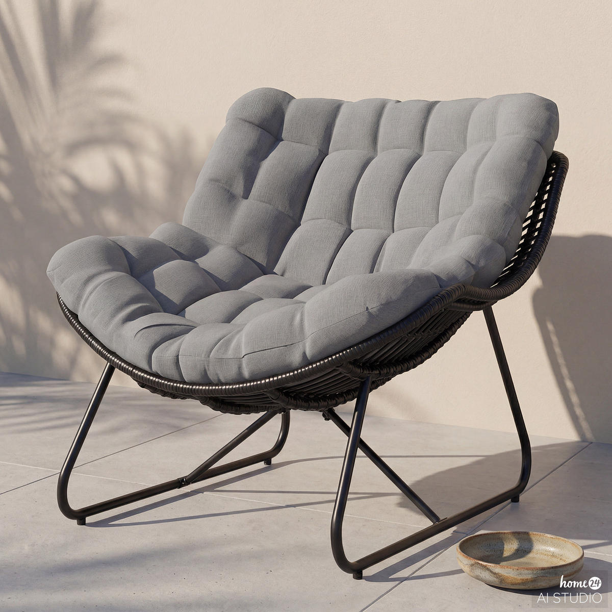 GARTENSESSEL MIT SITZKISSEN - Polyrattan / Polyester - Schwarz/Grau, Kunststoff/Textil (97/84/111cm) - home24