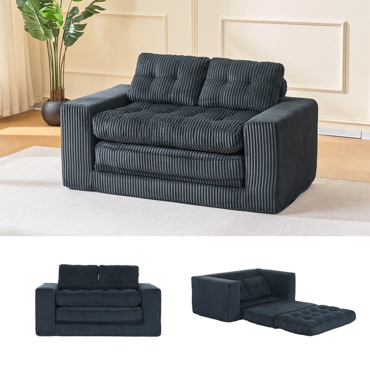 SCHLAFSOFA DE-35274 2-in-1 Schwarz - Schwarz, Textil (85/54/140cm) - ComfortXL