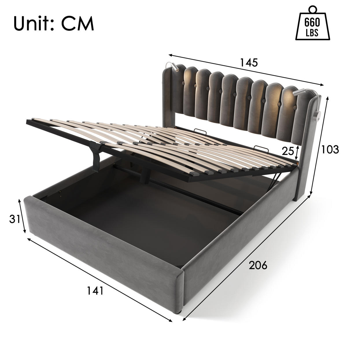 POLSTERBETT 140/200 cm grau mit Leselampe und Ladefunktion - Grau, Textil (140/200cm) - OKWISH