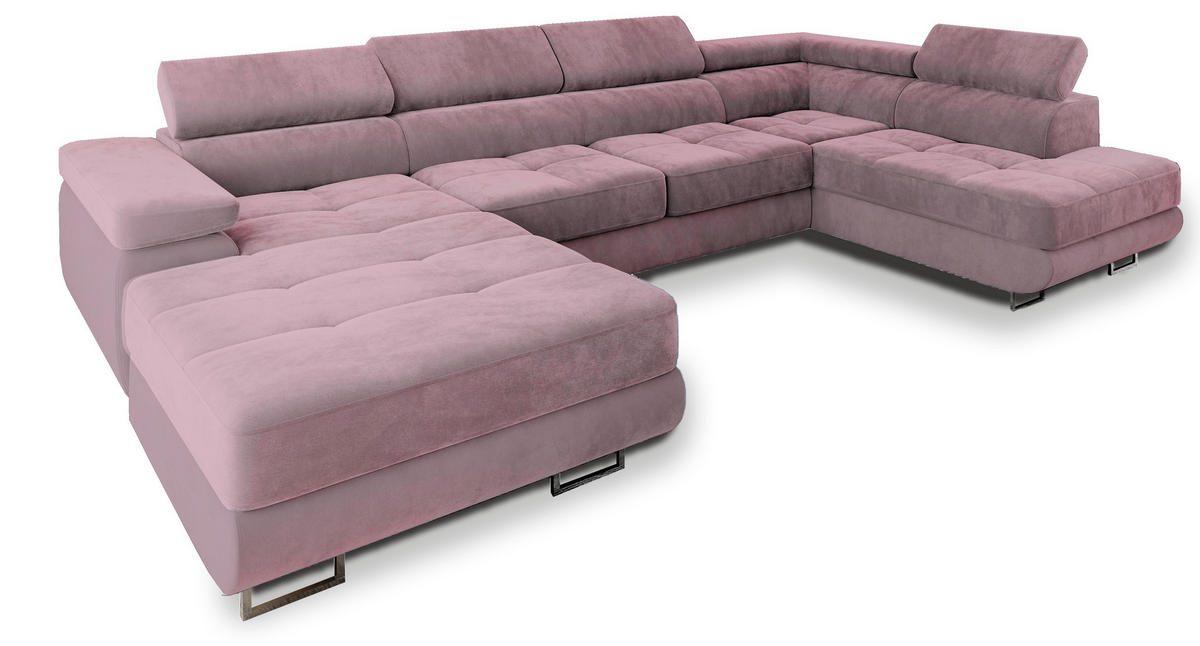 WOHNLANDSCHAFT CASONE R-S Lila Velours-Stoff mit Schlaffunktion - Lila, Holz (345/90/202cm) - MASSENO