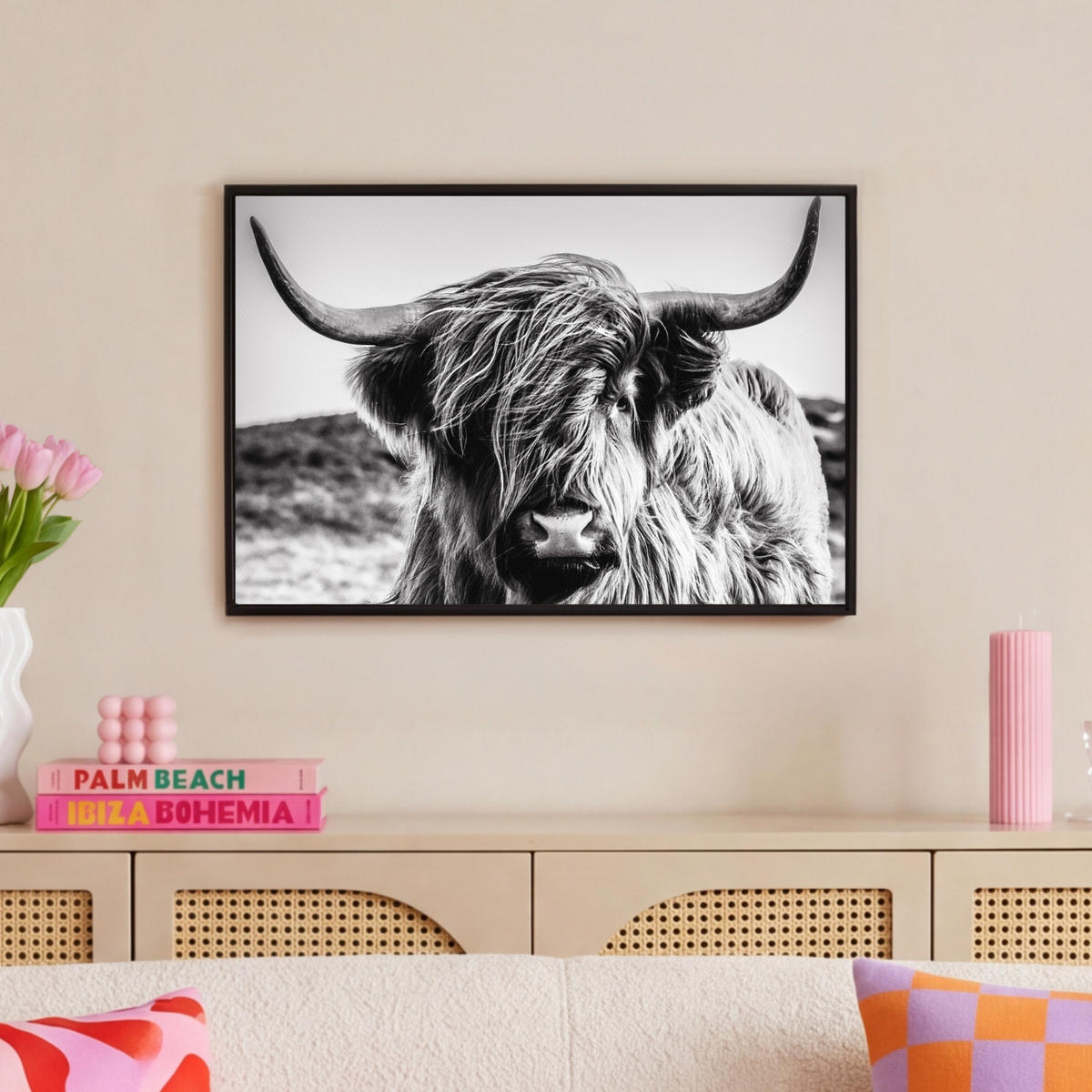 LEINWAND Bilder mit Rahmen - Kuh - Schottischer Hochländer - Schwarz - Weiß - Tier - Natur - Wildtiere - 60x40 - Schwarz, Textil (60/40cm) - MuchoWow