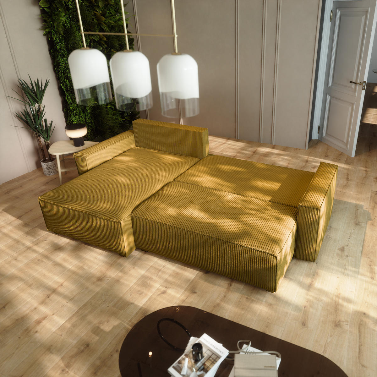 ECKSOFA BESMIR Gelb Kordstoff mit Schlaffunktion - Gelb, Holz (275/148cm) - MASSENO