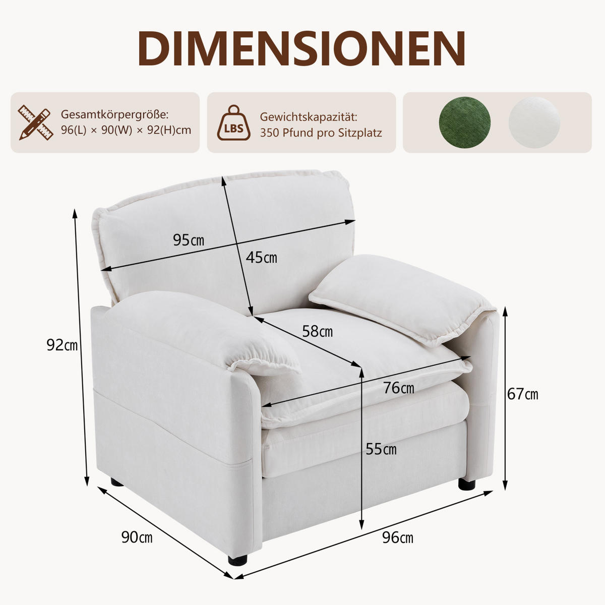 SESSEL aus Holz mit Schaumstoff und Feder Weiß mit Seitentaschen und komfortabler Polsterung - Weiß, Kunststoff (96/90/92cm) - Modfu