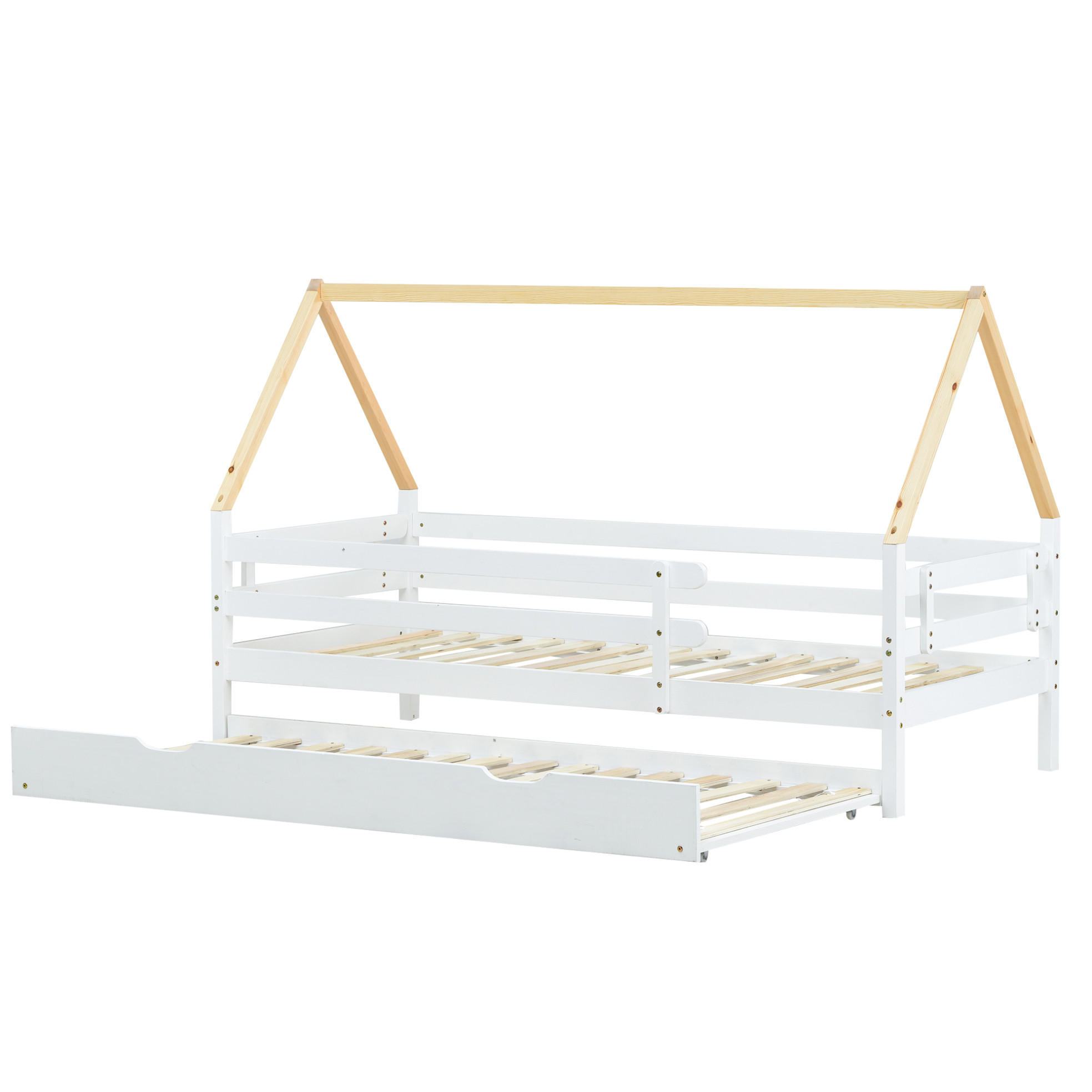 HAUSBETT mit Ausziehbett, Weiß/Natur, 90/200 cm - Weiß, Holz (90/200cm) - MIVRAY