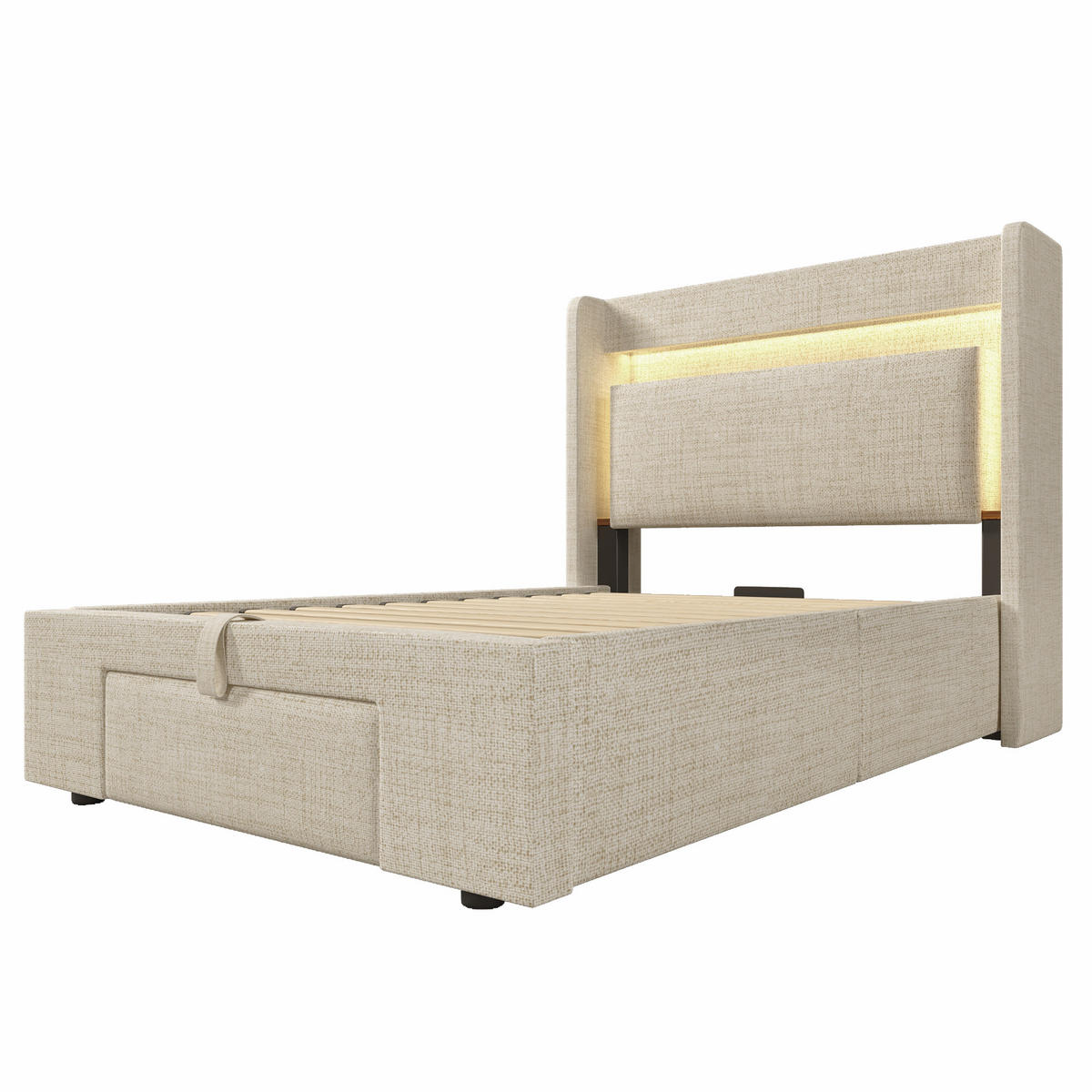 POLSTERBETT 90×200 cm aus Leinen-Stoff mit LED-Beleuchtung, USB-C-Ladefunktion und Stauraum, beige - Beige, Textil (90/200cm) - Luhomfu