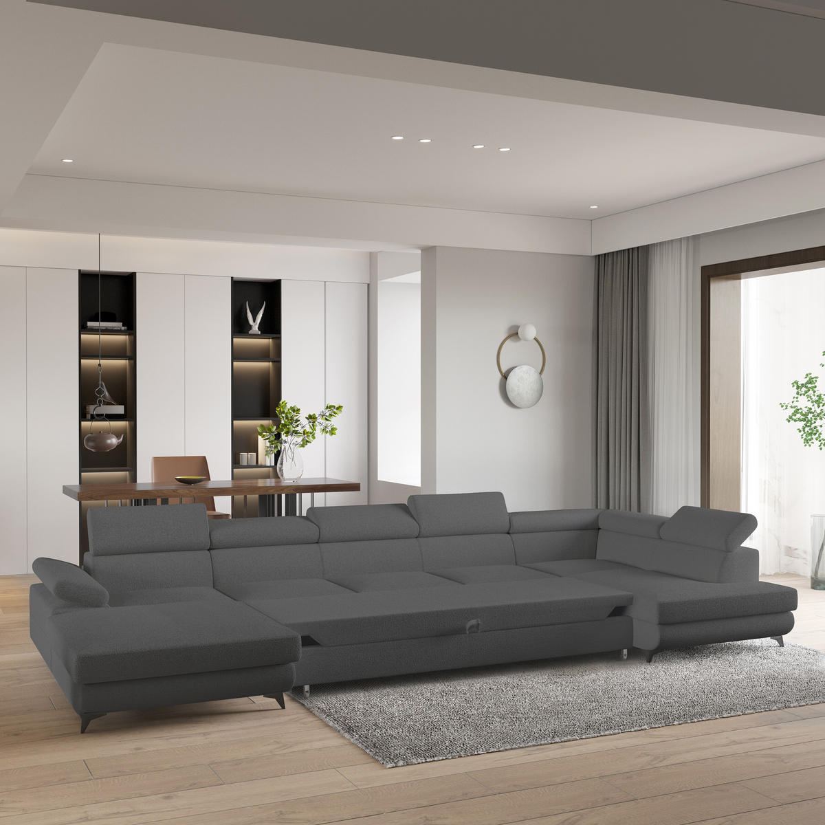 WOHNLANDSCHAFT MONTIVA Grau Boucle-Stoff mit Schlaffunktion - Grau, Holz (410/89/190cm) - MASSENO