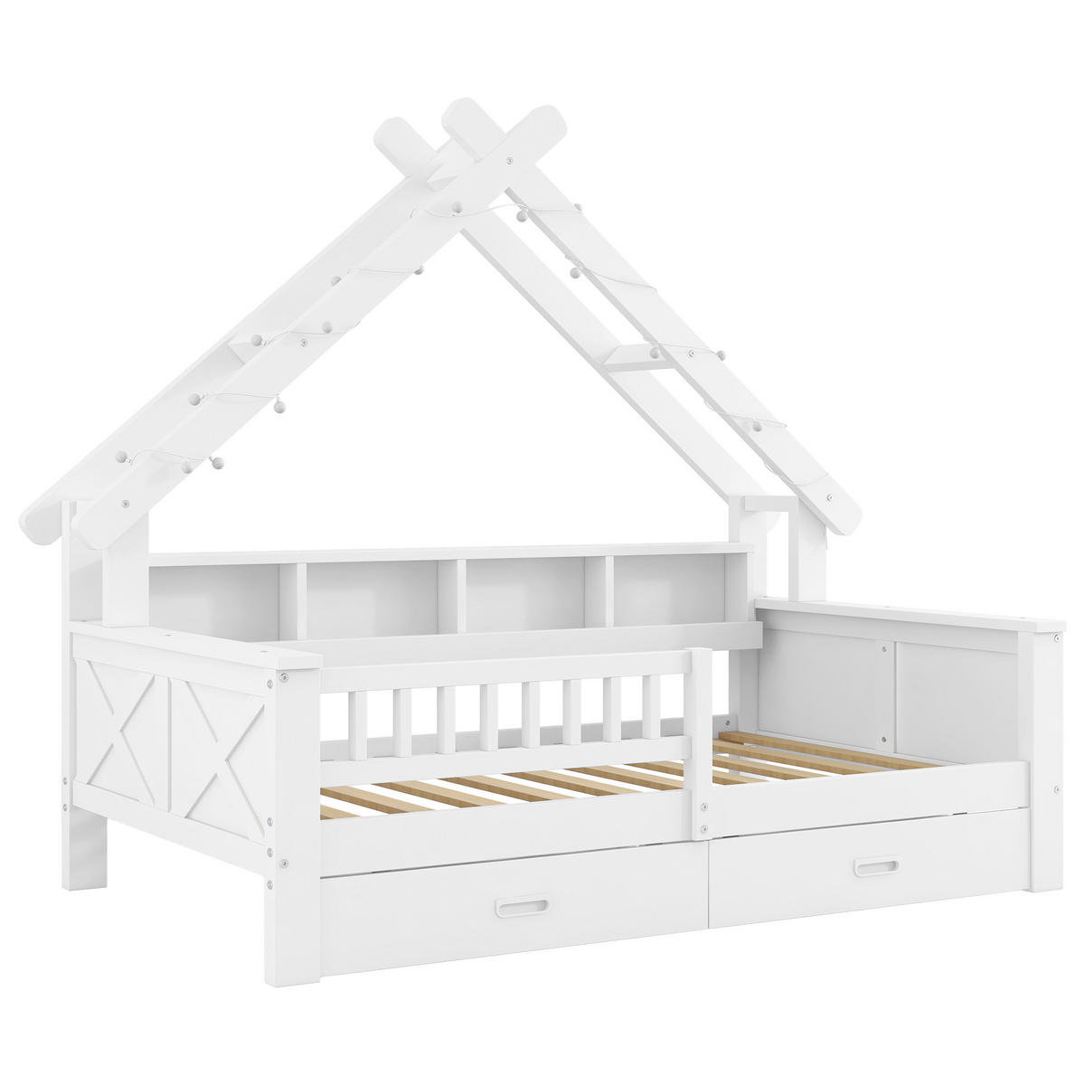 HAUSBETT 90/200 cm in Weiß mit LED, 2 Schubladen und Regal - Weiß, Holz/Holzwerkstoff (90/200cm) - WISHDOR