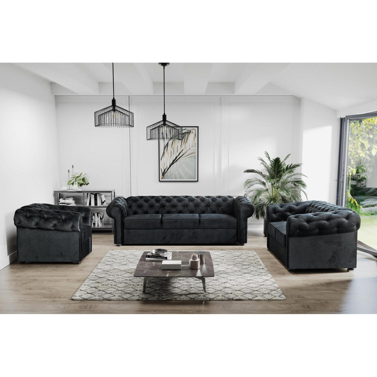SITZGARNITUR Chester 3+2+1 im Chesterfield-Stil, Schwarz - Schwarz, Textil (252/82/92cm) - Beautysofa