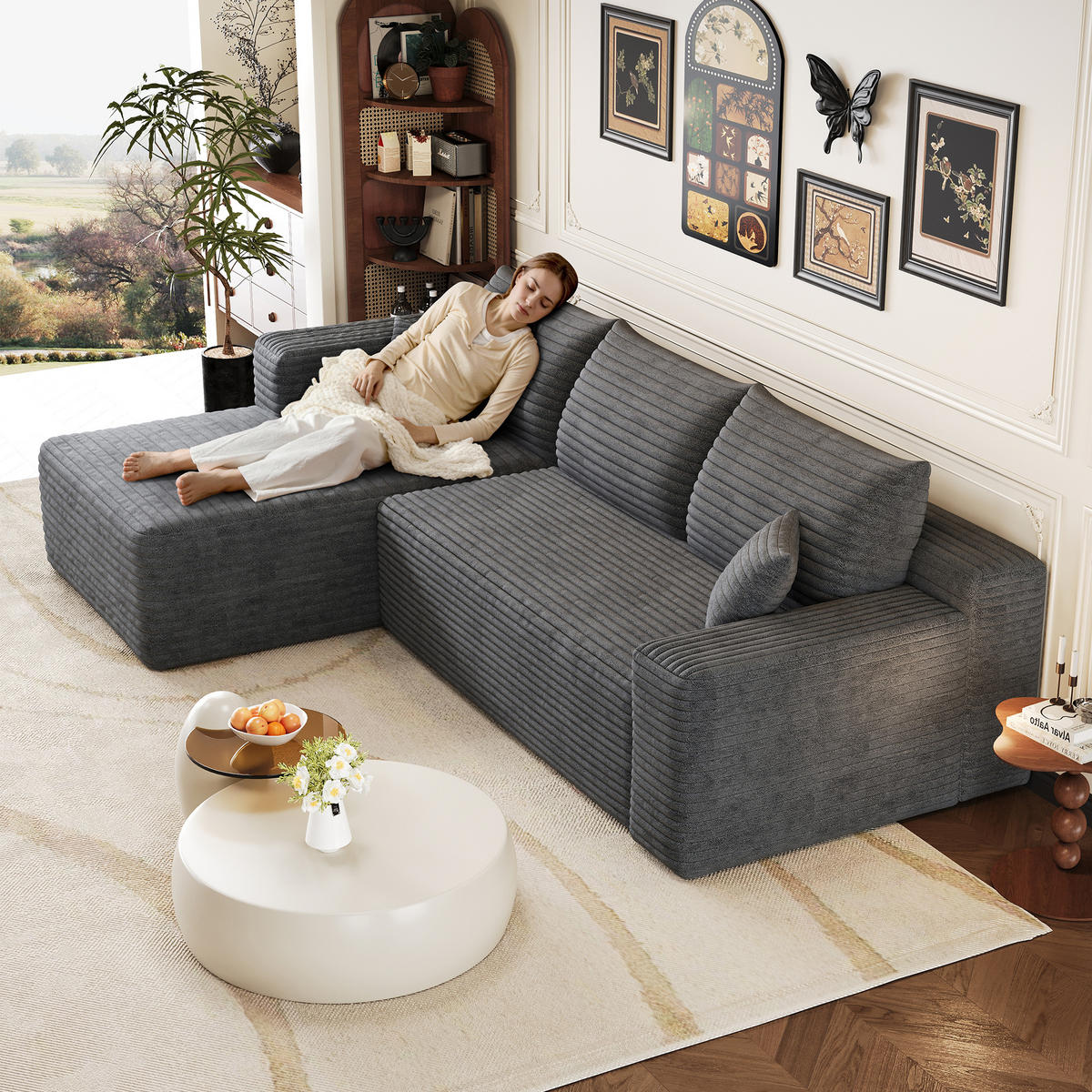 ECKSOFA Cord Dunkelgrau ohne Montage - Grau, Textil (241/151cm) - WISHDOR