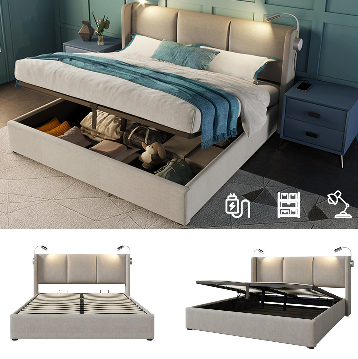 POLSTERBETT mit Bettkasten 160/200 cm mit Leselicht & USB, Beige - Beige, Textil (160/200cm) - BEAOK