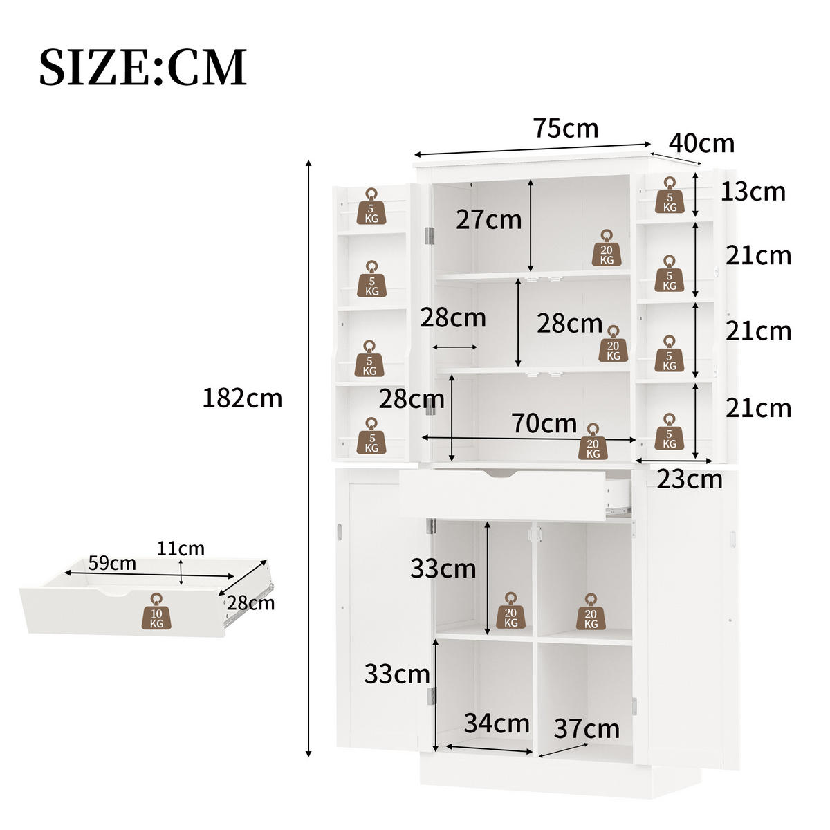 BUFFET 75/40/182 cm weiß aus MDF mit viel Stauraum - Weiß, Holzwerkstoff (75/180/40cm) - OKWISH