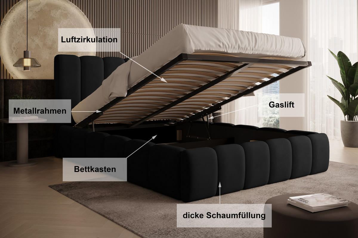 POLSTERBETT Vilo 180x200 mit Bettkasten und Stabilem Metallgestell - Schwarz, Textil (180/200cm) - Storez24