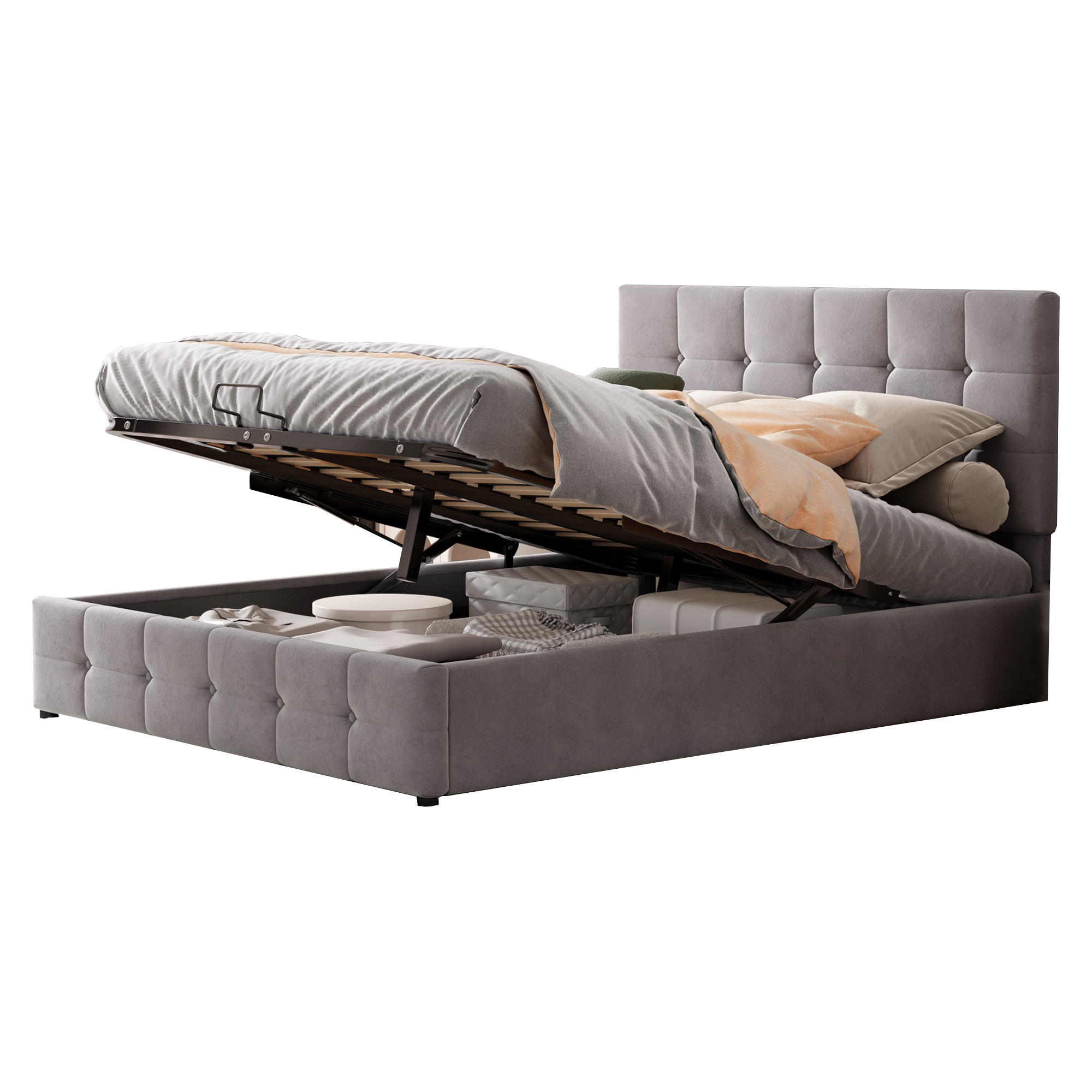 POLSTERBETT 140x200 Grau Samt Stauraum - Grau, Textil (140/200cm) - FLIEKS