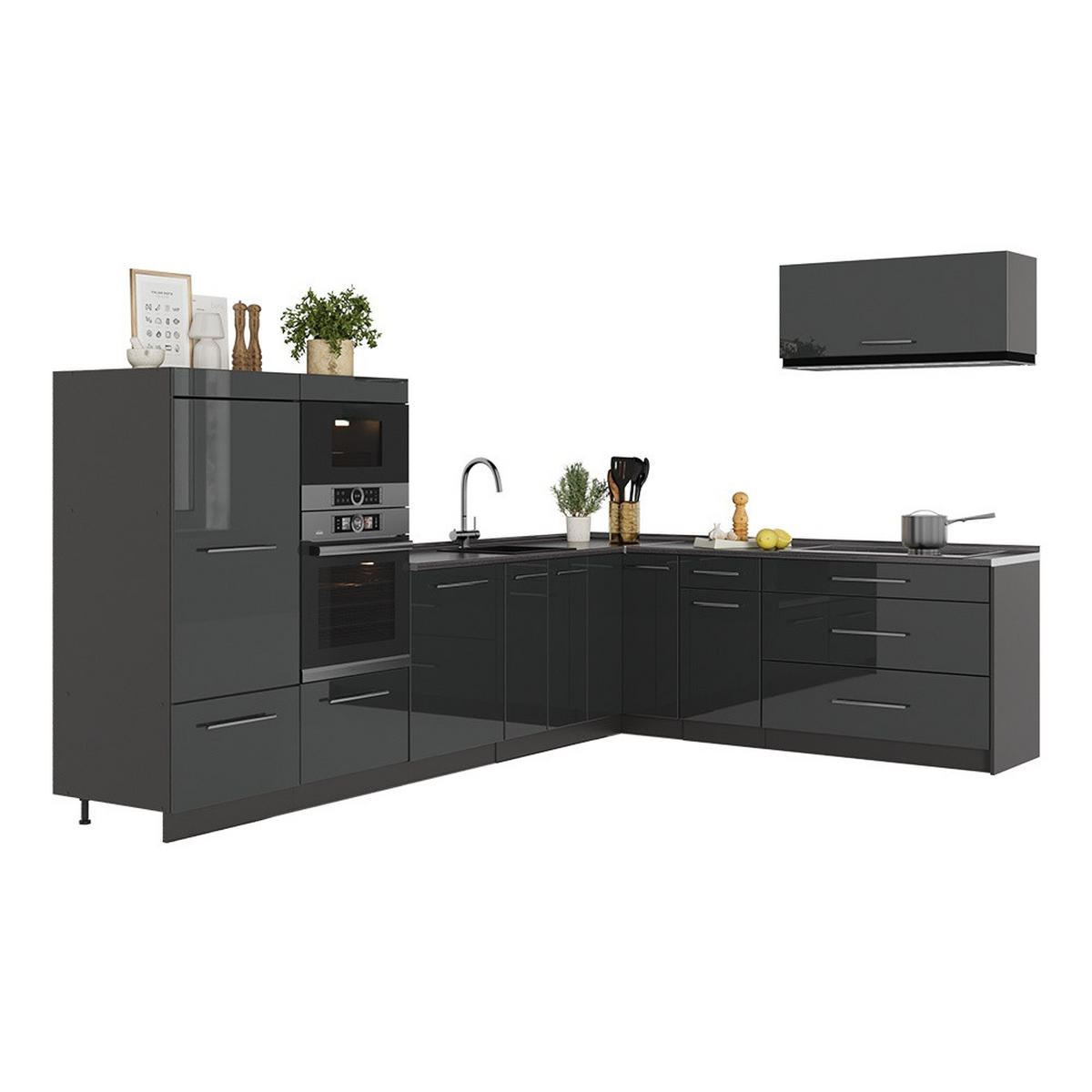 KUHINJA U OBLIKU SLOVA L Fame-Line, Antracit visokog sjaja/Antracit, 327 x 227 cm bez radne ploče - crna visoki sjaj/antracit, drvni materijal (327/153.6/51.6cm) - Vicco